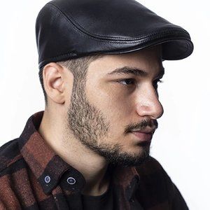 Unisex Vintage French "Lafayette Homme" Black 100% Leather Cap Front Snap ~SZ 56
